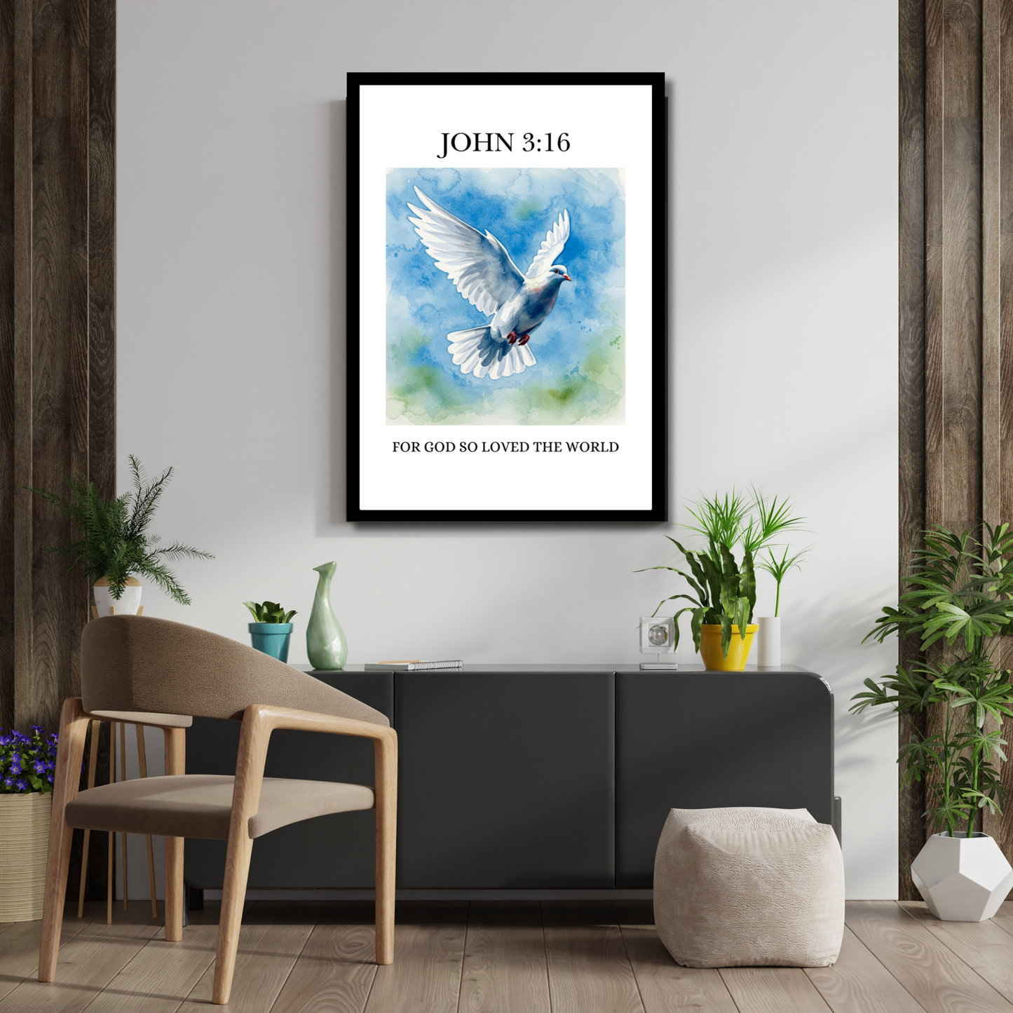 John 3:16 – For God So Loved the World | Christian Wall Art (Dove Watercolor)