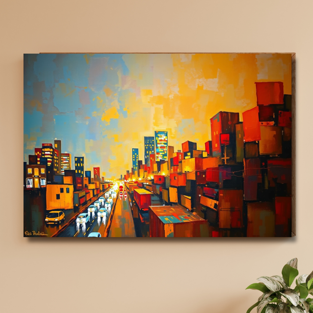 Urban Cargo: Abstract Cityscape Canvas Art - Rich Textures