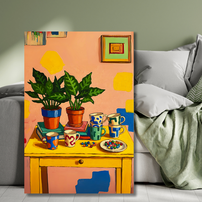 "Still Life with Mugs and Marbles" - Canvas Art