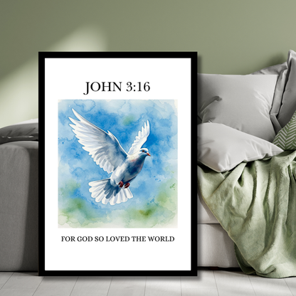 John 3:16 – For God So Loved the World | Christian Wall Art (Dove Watercolor)